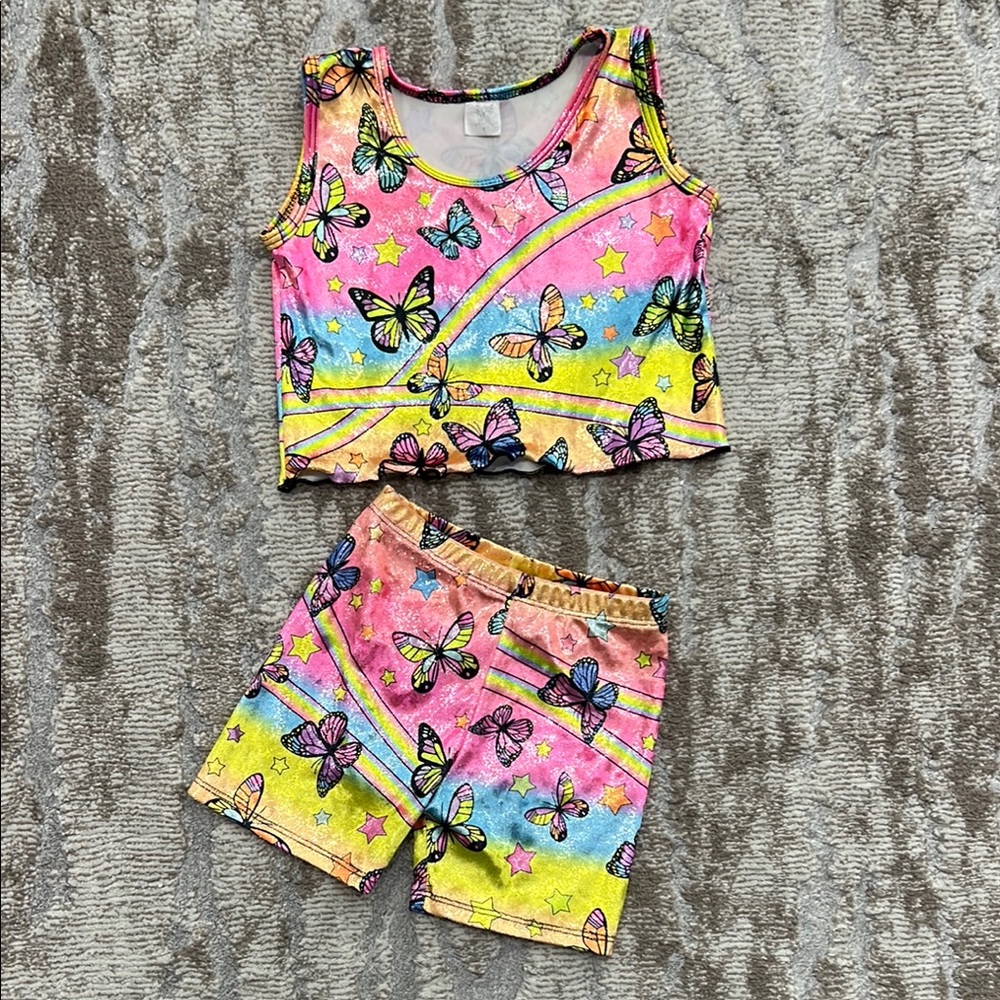 Social Butterfly Colorful Butterfly Print Crop Top Tank and Shorts Set